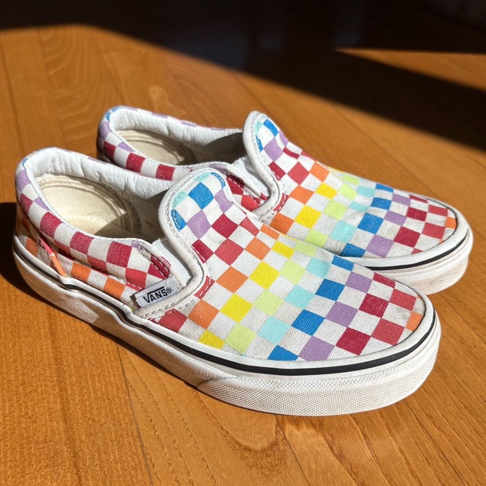 Vans Checkerboard Shoes sneakers Rainbow Colorful Classic Slip-On boys Yth Sz 2